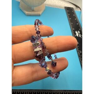 Purple Crystal Beaded Memory Wire Wrap Bracelet Rhinestone Accents Amethyst Tone